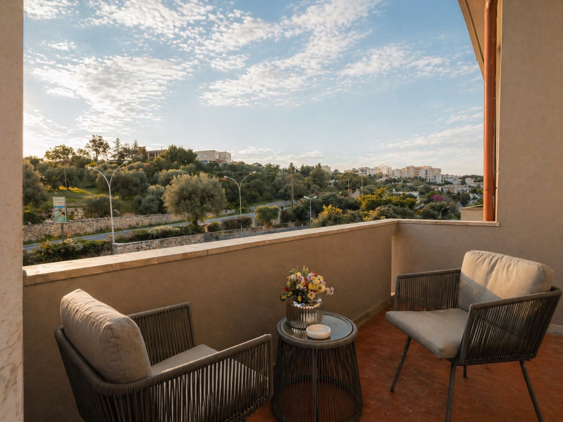 Terrace with armchairs overlooking hills and olive trees