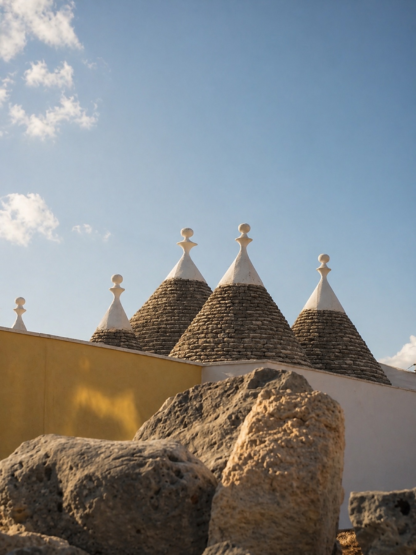 Trulli cones with white pinnacles against blue sky