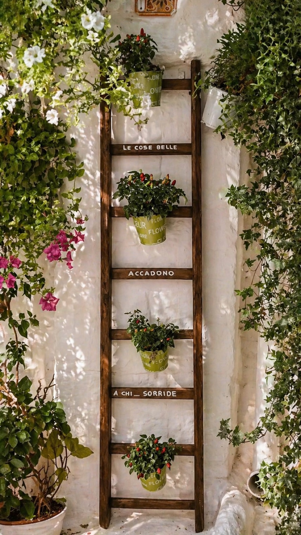 Decorative staircase with pots and flowers on a white wall