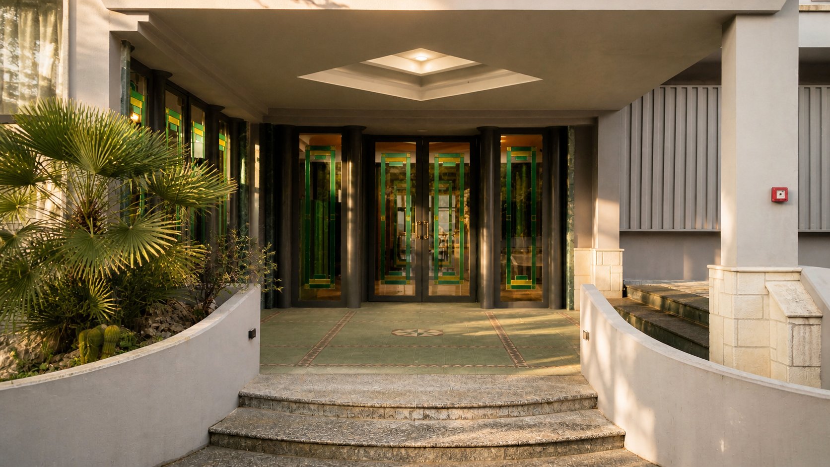 Hotel entrance with stone portico and stained-glass doors